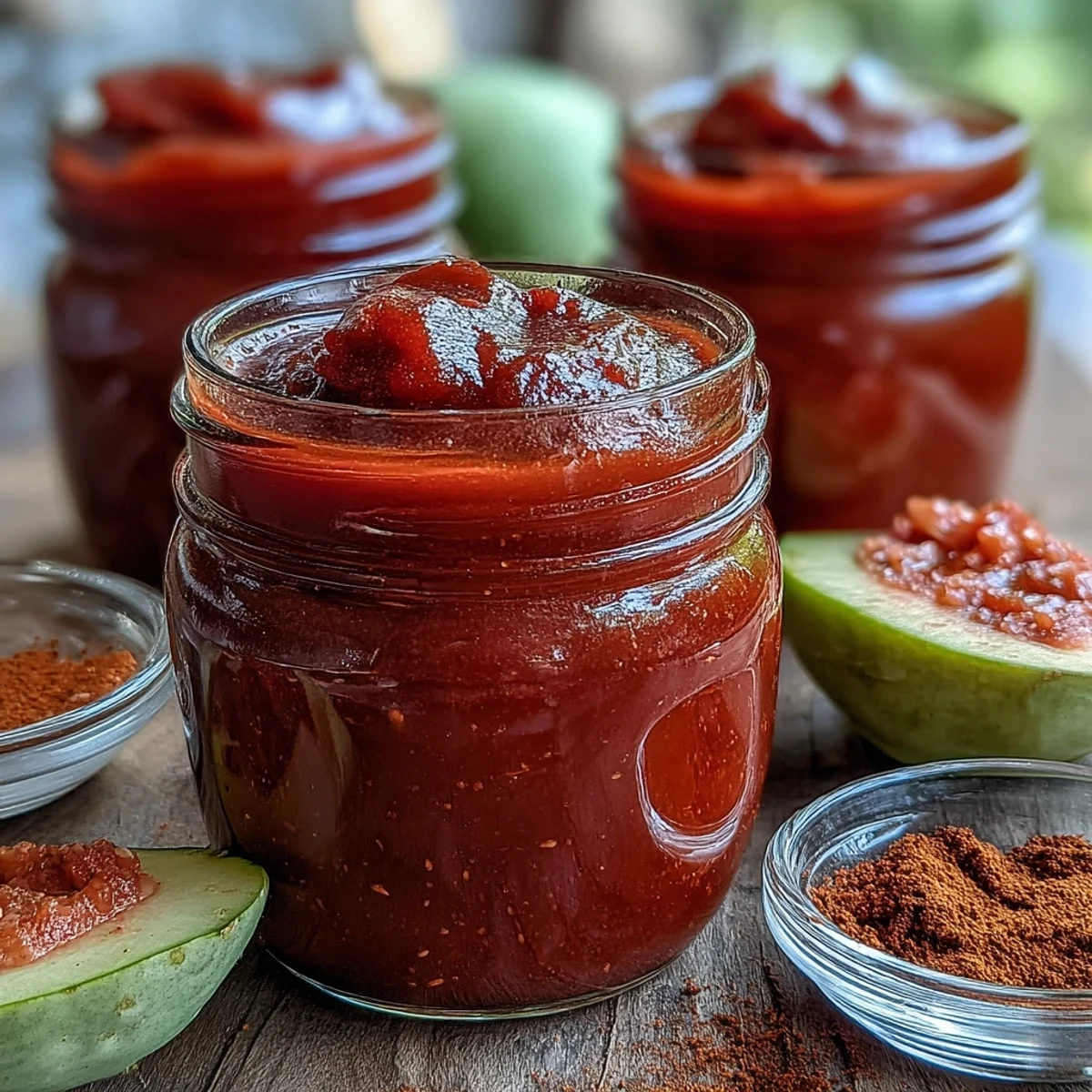 Rich and glossy Guava BBQ Sauce from scratch simmering in a saucepan with aromatics and spices.