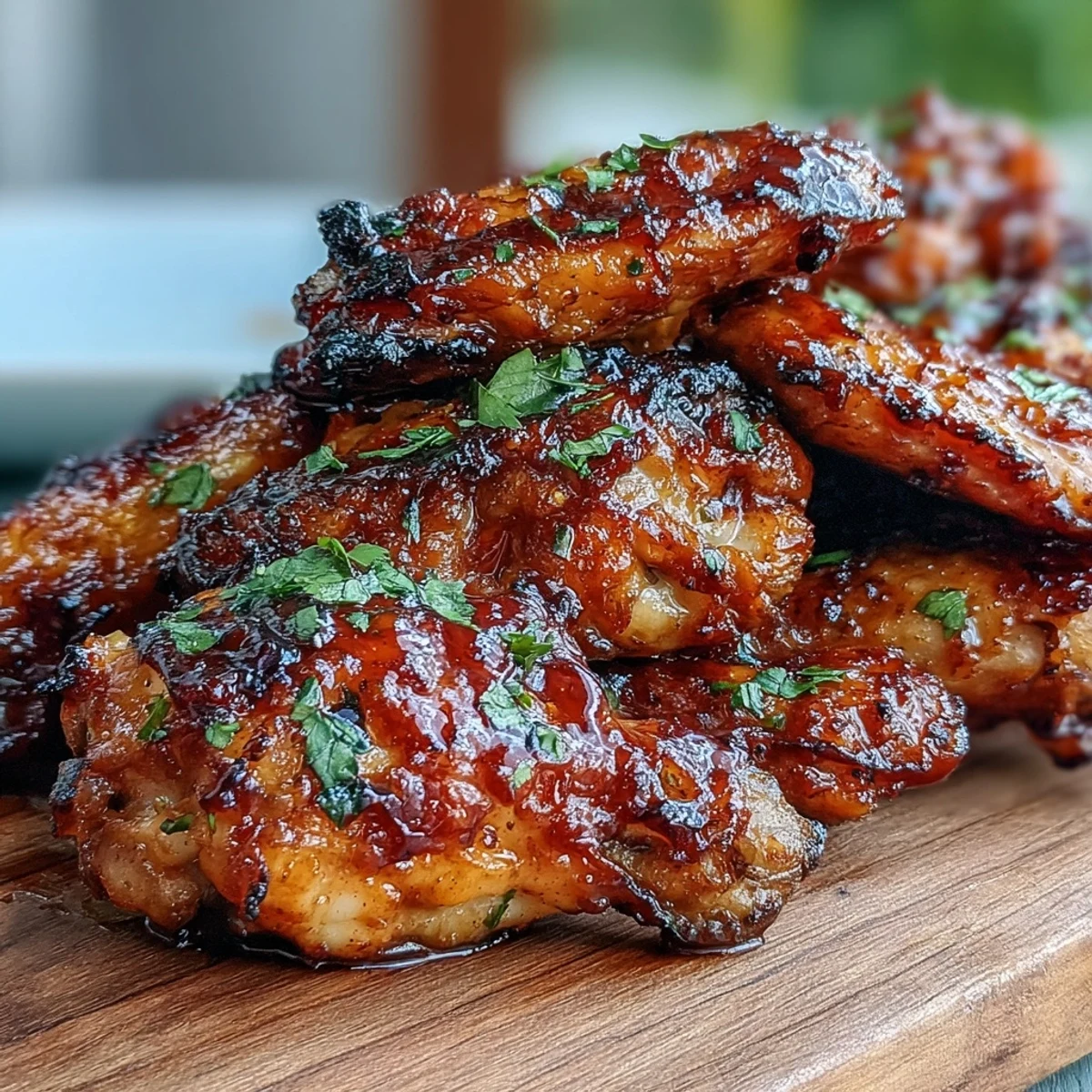 Crisp Guava BBQ Glazed Chicken Wings tossed in a vibrant glaze, served hot with fresh cilantro garnish.