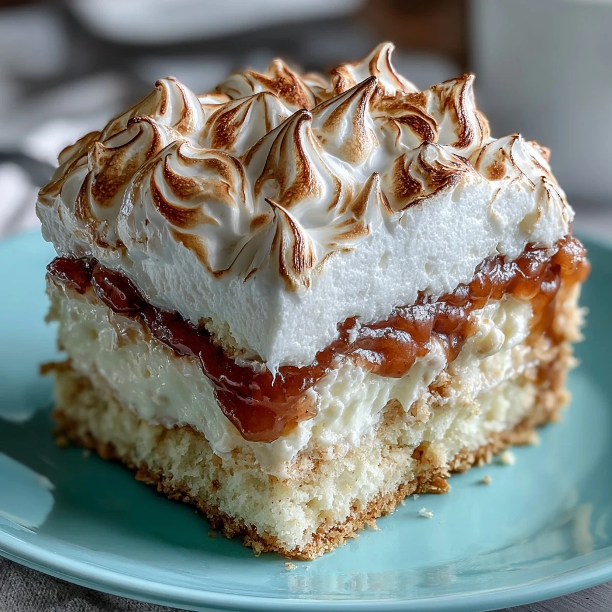 A close-up view of the rolled Homemade Brazo Gitano, featuring golden toasted meringue and a moist vanilla sponge cake.