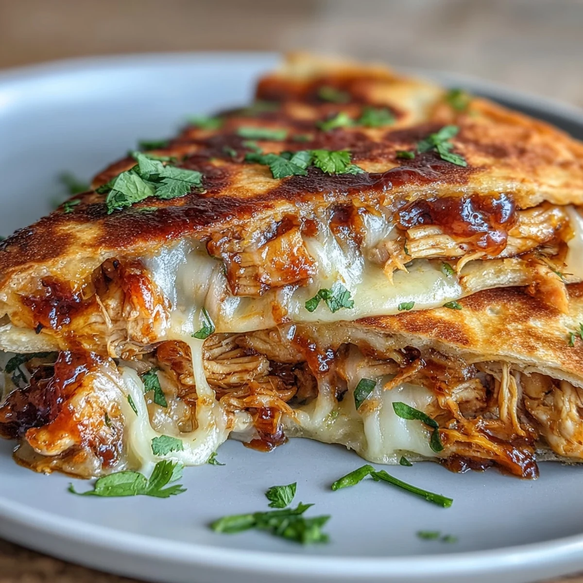 Close-up of Hot Honey BBQ Chicken Quesadillas oozing cheese and sweet-spicy sauce beside fresh lime wedges.