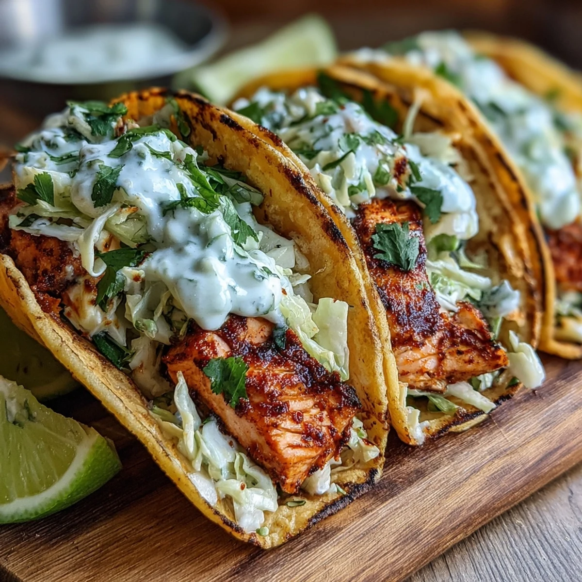 Flaky salmon nestled in corn tortillas with creamy slaw for Air Fryer Salmon Tacos With Slaw.