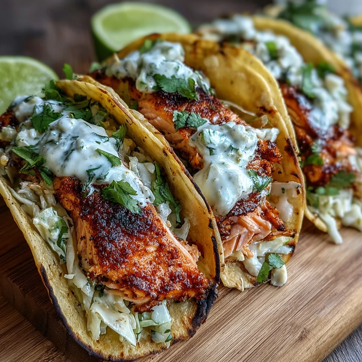 Crispy air fryer salmon tacos with slaw garnished with fresh cilantro on warm tortillas.