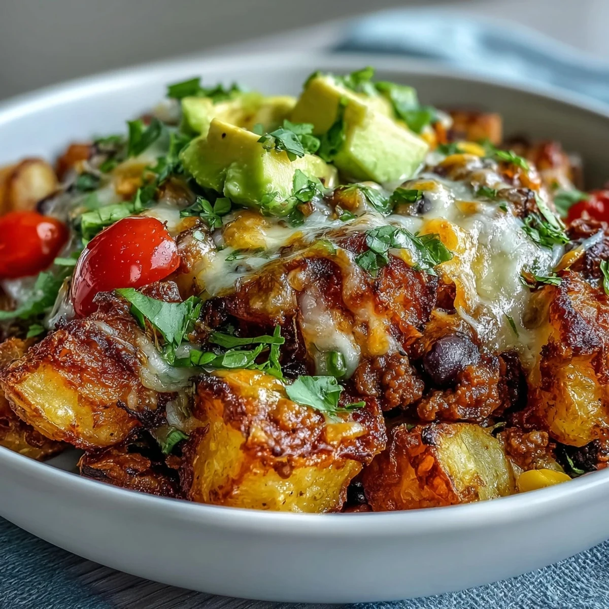 Crispy roasted potatoes in a Loaded Potato Taco Bowl, topped with seasoned meat, melty cheddar, and fresh avocado.