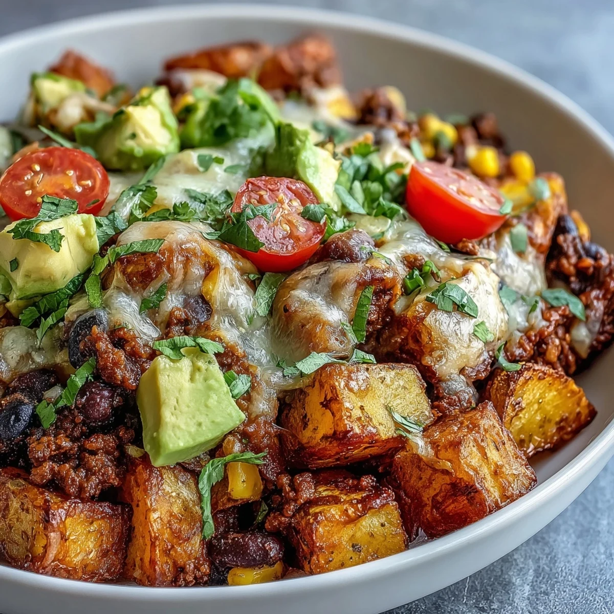 A hearty Loaded Potato Taco Bowl with black beans, corn, tomatoes, and cilantro, served with a dollop of sour cream.