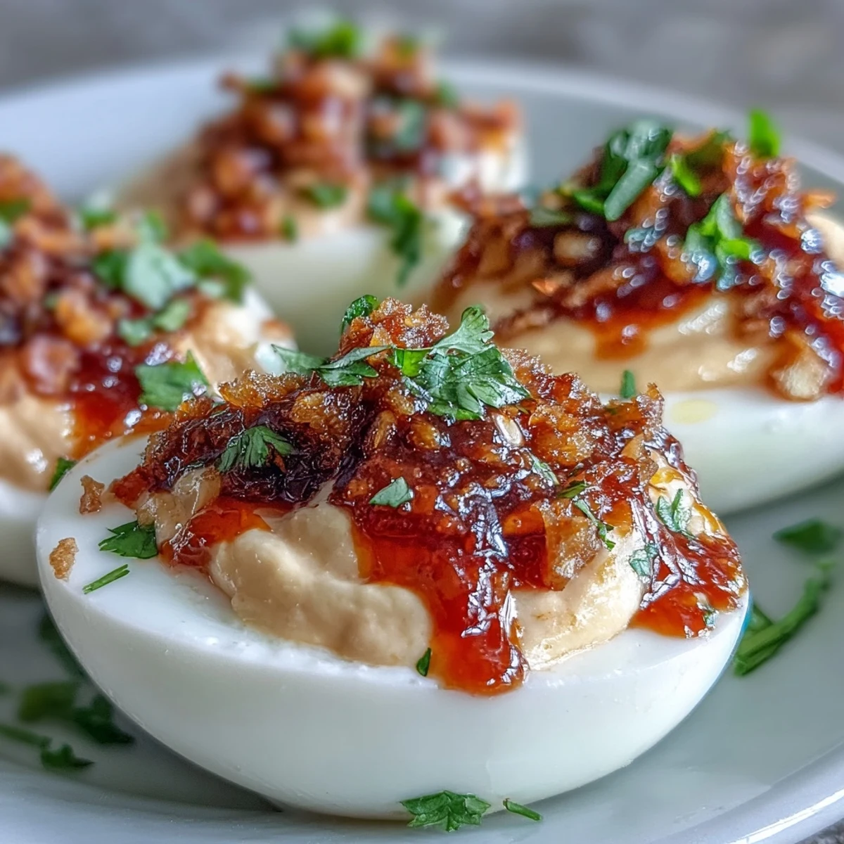 Easy Spicy Chili Garlic Deviled Eggs served as a gluten-free appetizer for parties on a platter.