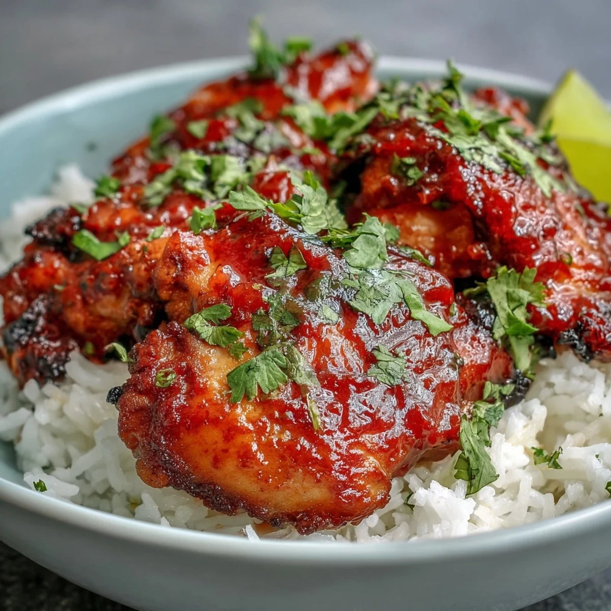 Golden-brown Spicy Maple Chicken sizzling in a sweet and spicy glaze, served over fluffy coconut rice.
