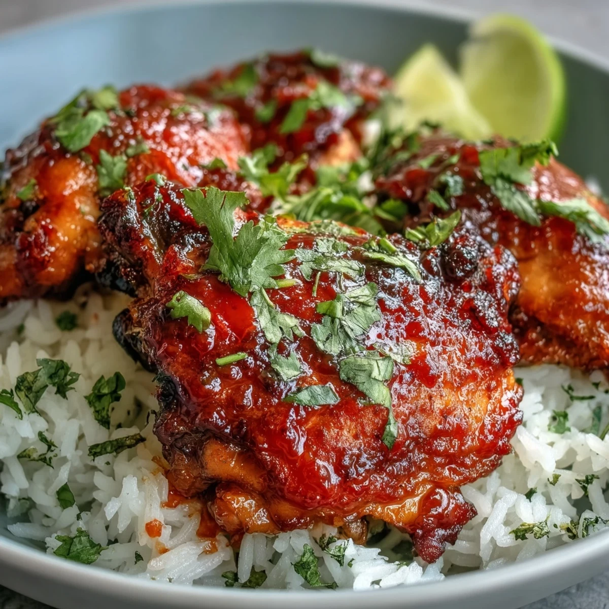 Perfectly baked Spicy Maple Chicken with a sticky sriracha-maple sauce alongside aromatic coconut rice.