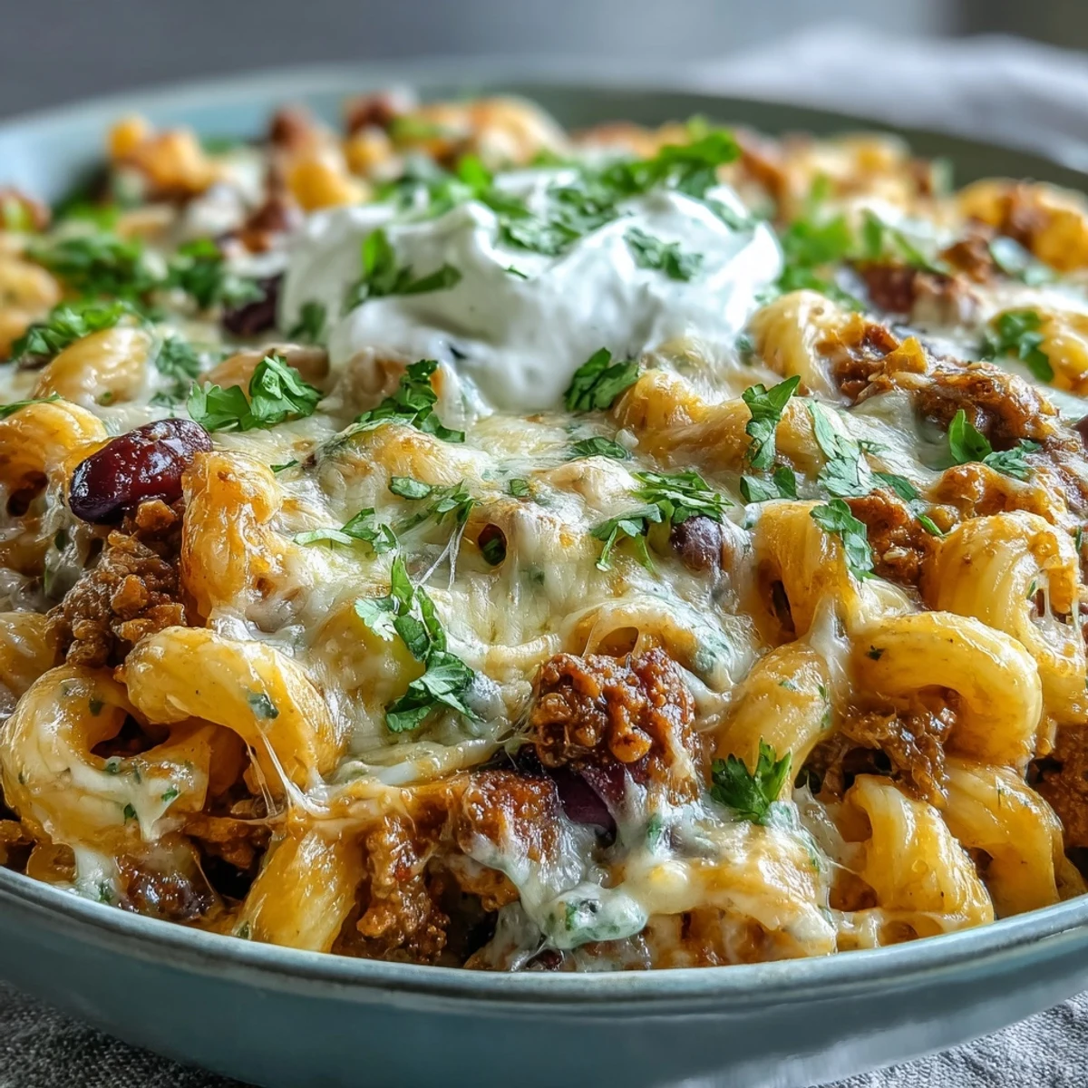 Close-up of creamy, cheesy Baked Ranch Turkey Chili Mac garnished with fresh green onions for serving.