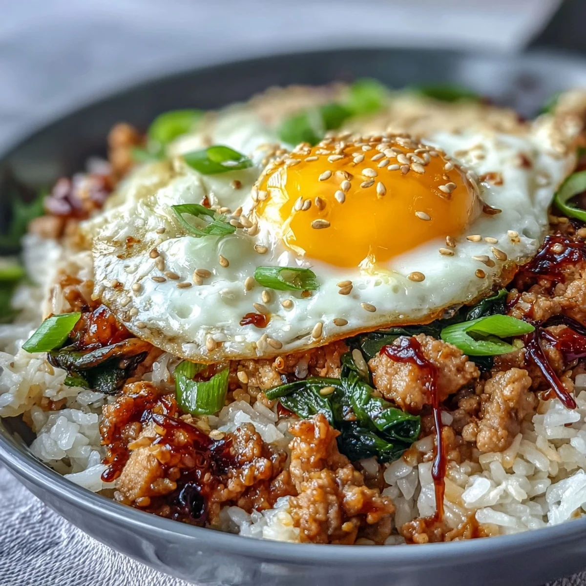 Creamy Korean Turkey Rice Skillet topped with a jammy egg, sesame seeds, and scallions, served steaming in a rustic bowl.