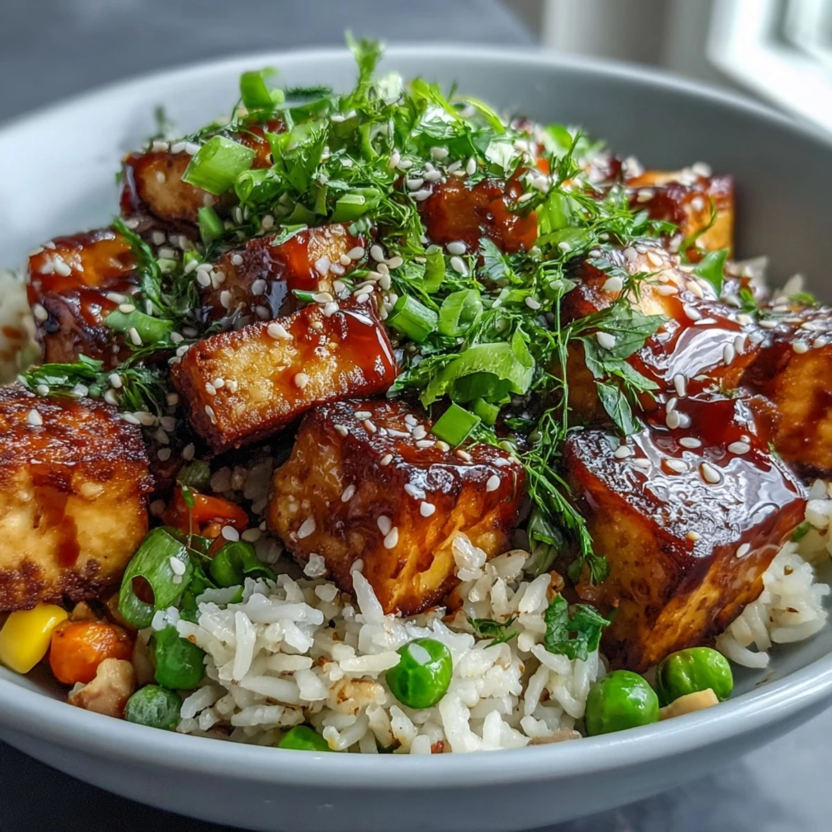 A close-up shows the Crispy Sesame Tofu Fried Rice tossed in a wok with an aromatic ginger soy sauce.