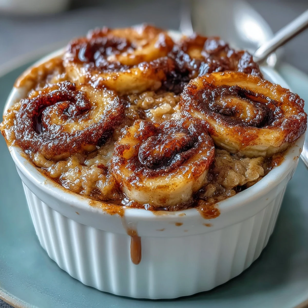 Golden-brown Cinnamon Swirl Protein Banana Baked Oats in a ramekin, fresh from the oven with a warm, soft texture.