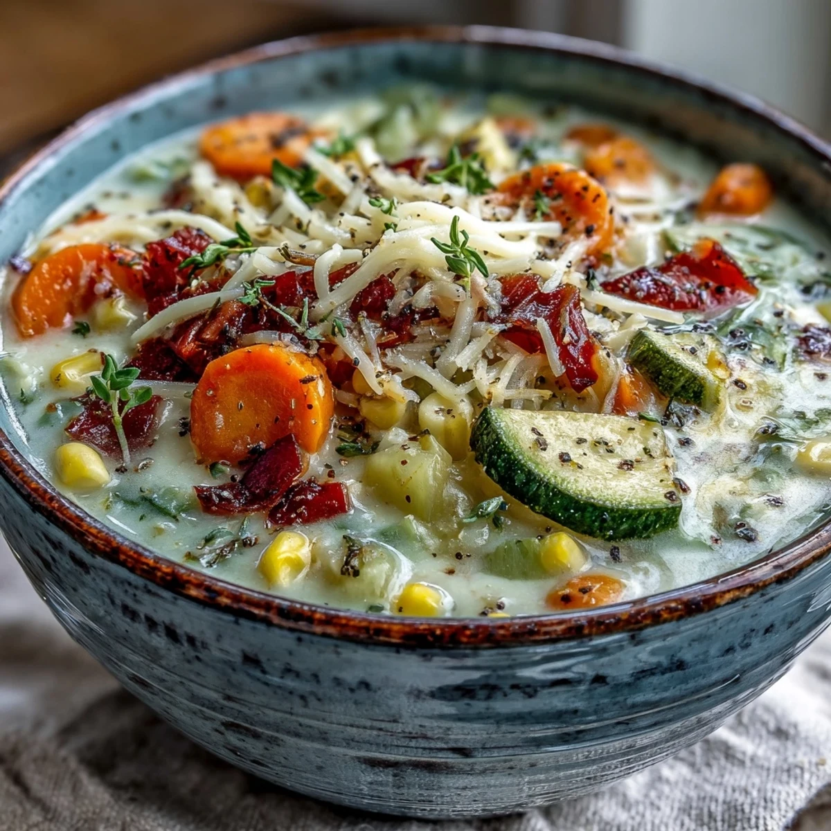 Vibrant vegetables like red bell pepper and peas in a pot of Creamy Garlic Parmesan Veggie Soup.