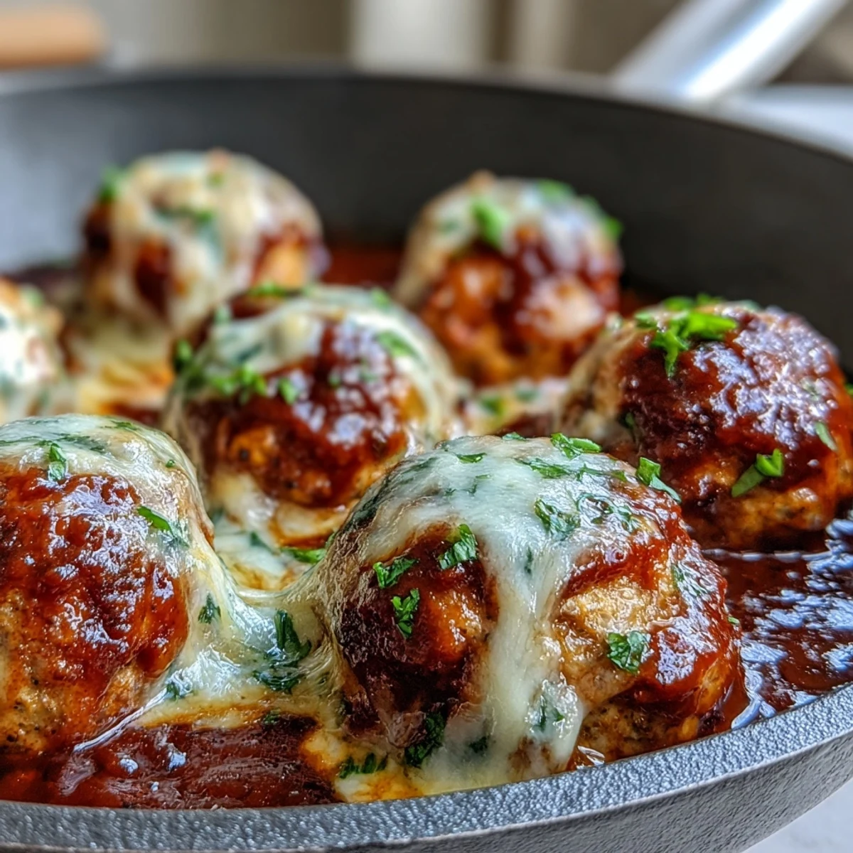 Golden-brown Baked Spicy Chicken Parm Meatballs nestled in rich marinara sauce and topped with melted mozzarella.