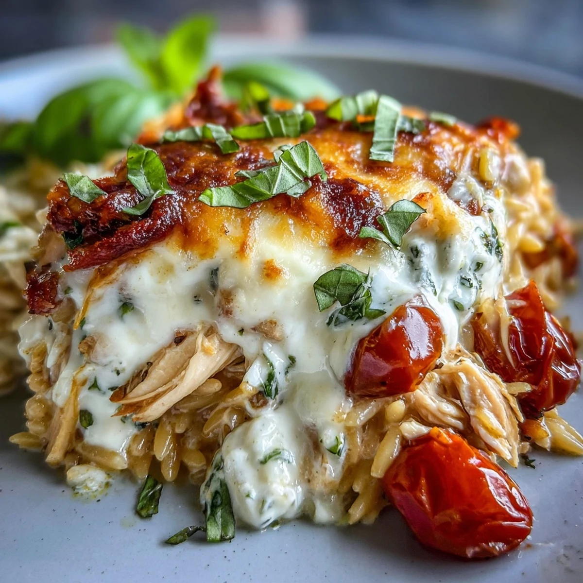 Creamy One-Pan Creamy Chicken Lasagna Orzo with ricotta dollops and fresh spinach leaves.