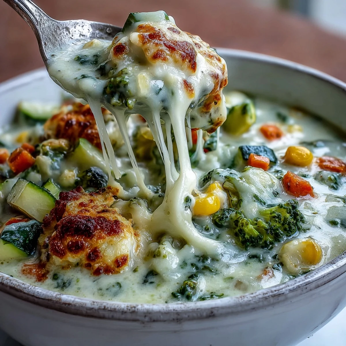 A pot of Creamy Garlic Parmesan Veggie Soup on the stove, featuring a rich, creamy base loaded with corn, broccoli, carrots, and potatoes.