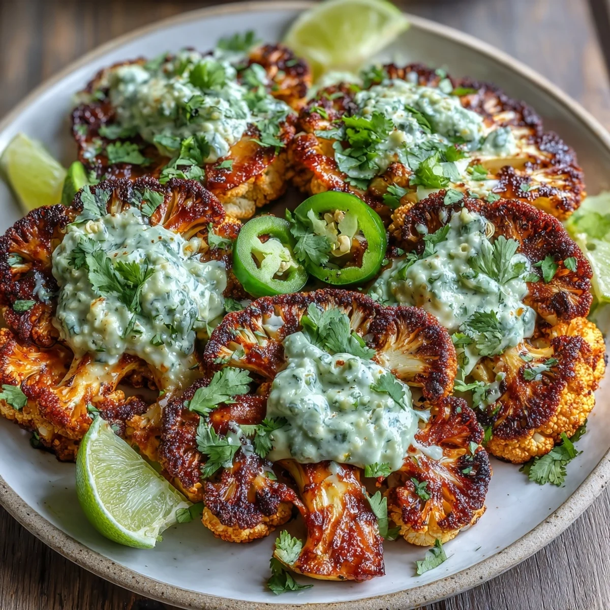 Drizzled avocado crema crowns these Keto Chili Lime Cauliflower Steaks, roasted with a zesty chili-lime marinade on a rustic wooden board.
