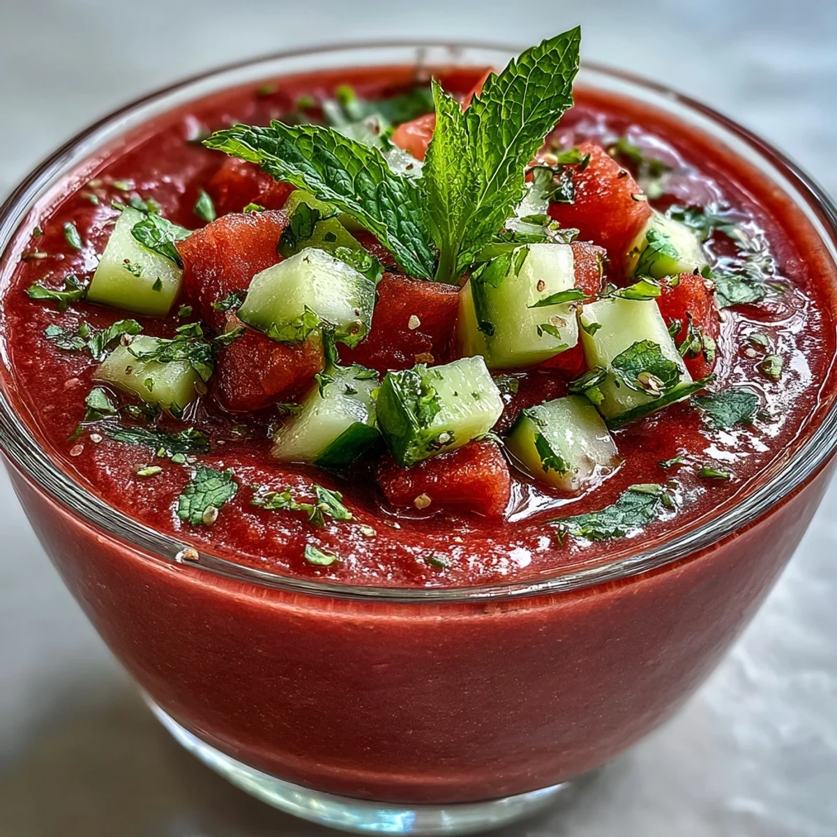 A bowl of vibrant Vegan Watermelon Mint Gazpacho topped with fresh diced cucumbers and mint leaves, ready to serve. 