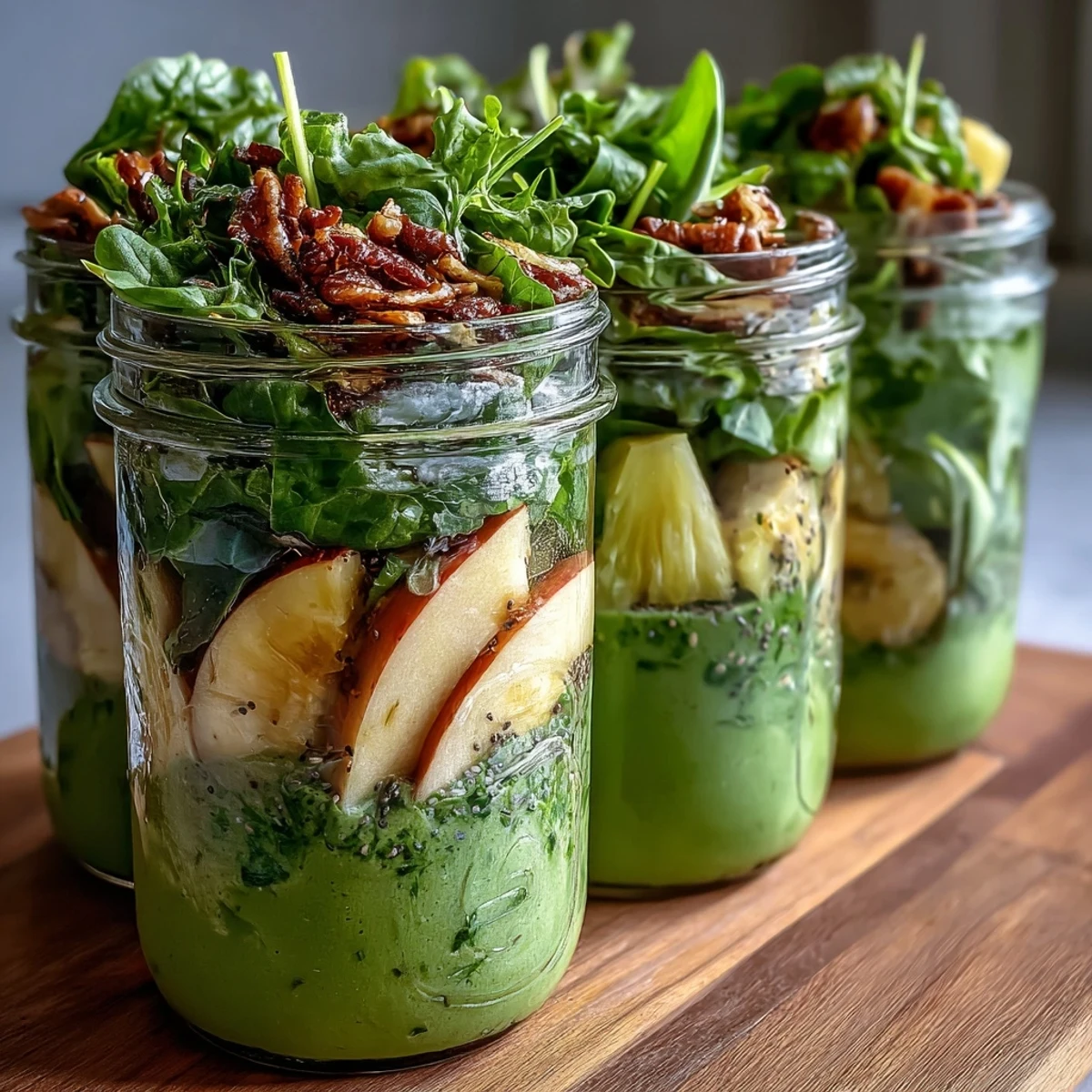 Four clear mason jars filled with vibrant green smoothie layers of spinach, pineapple, and banana for easy meal prep.