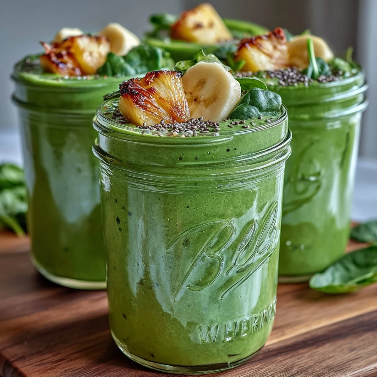 This tropical pineapple and spinach Green Smoothie Meal Prep Jars recipe is topped with chia seeds and ready for blending.