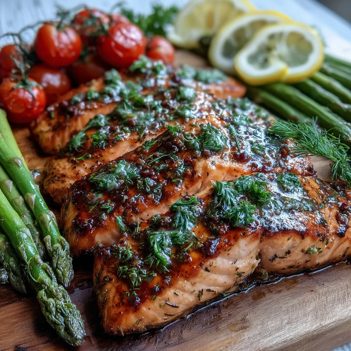 Juicy grilled salmon fillets with asparagus and blistered cherry tomatoes served with fresh lemon wedges and herbs.