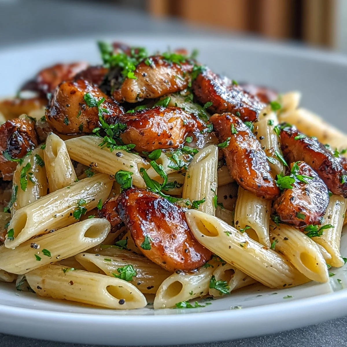 A close-up view showing the glossy texture of the honey pepper sauce on the chicken and pasta.