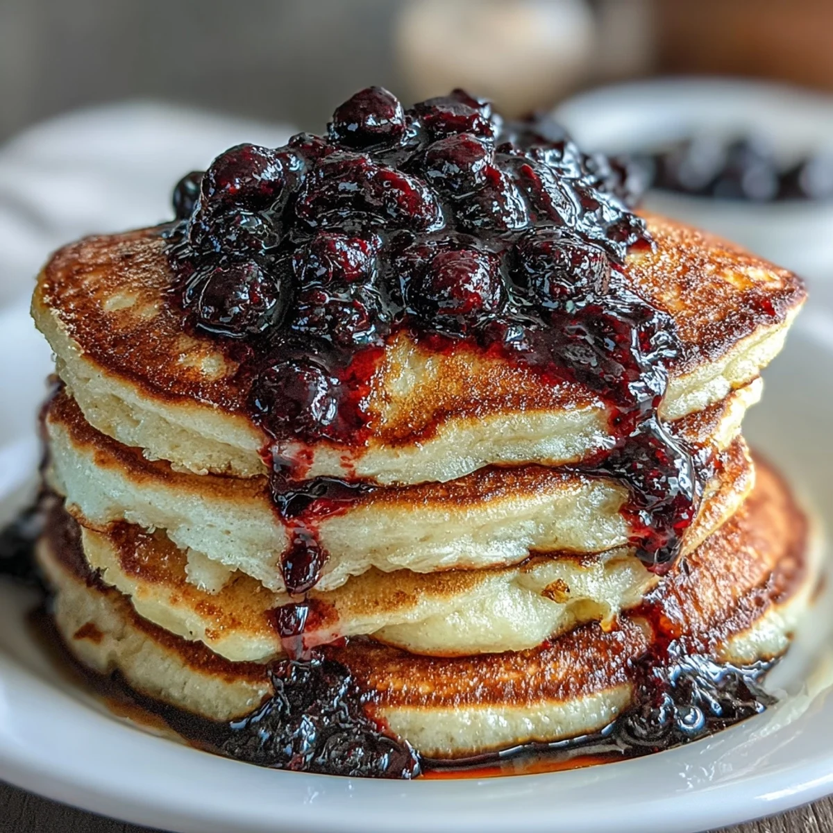 Fluffy Greek yogurt pancakes topped with warm blueberry compote and fresh blueberries, perfect for a protein-rich brunch.