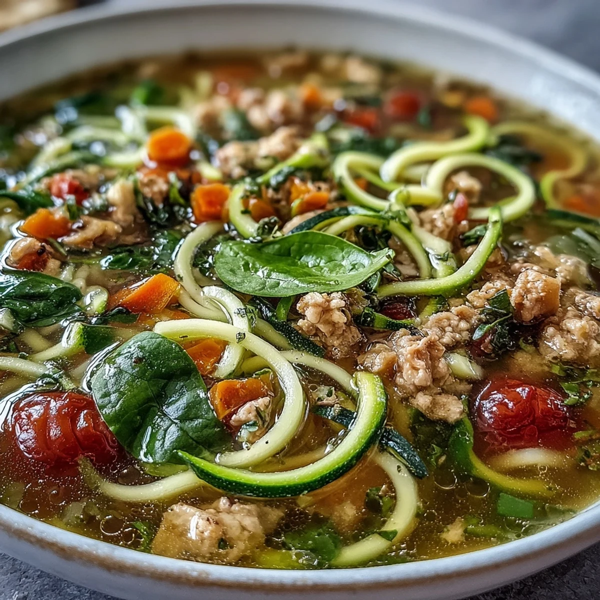 Turkey and Veggie Zucchini Noodle Soup with tender turkey, fresh spiralized zucchini, and colorful vegetables in a savory broth.