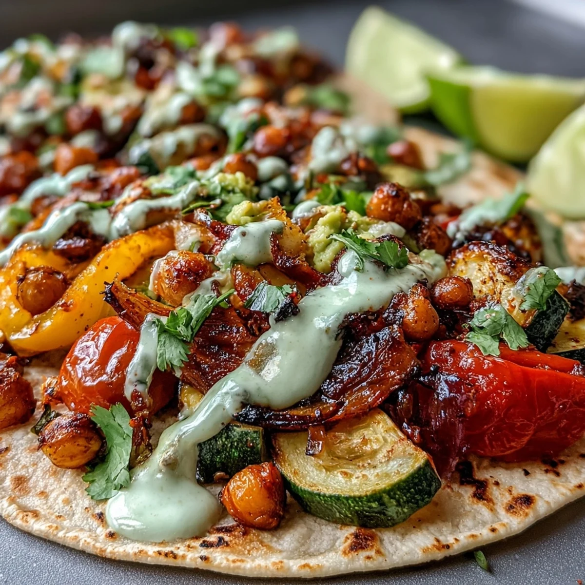 Colorful sheet pan fajitas loaded with roasted peppers, zucchini, chickpeas, and a creamy guac yogurt drizzle.  