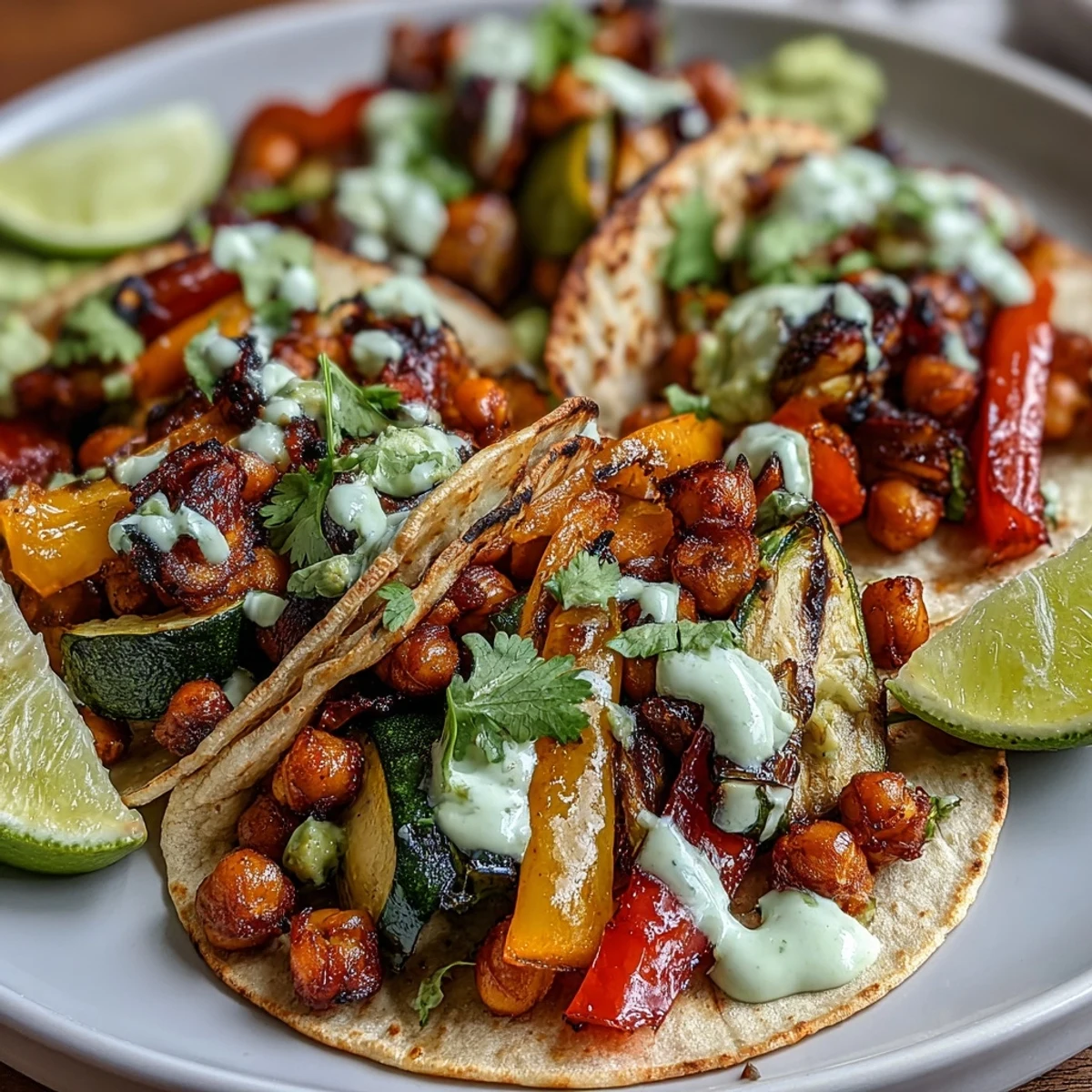 Vibrant veggie and chickpea fajitas with rainbow bell peppers, caramelized onions, and a tangy avocado-lime yogurt sauce.  