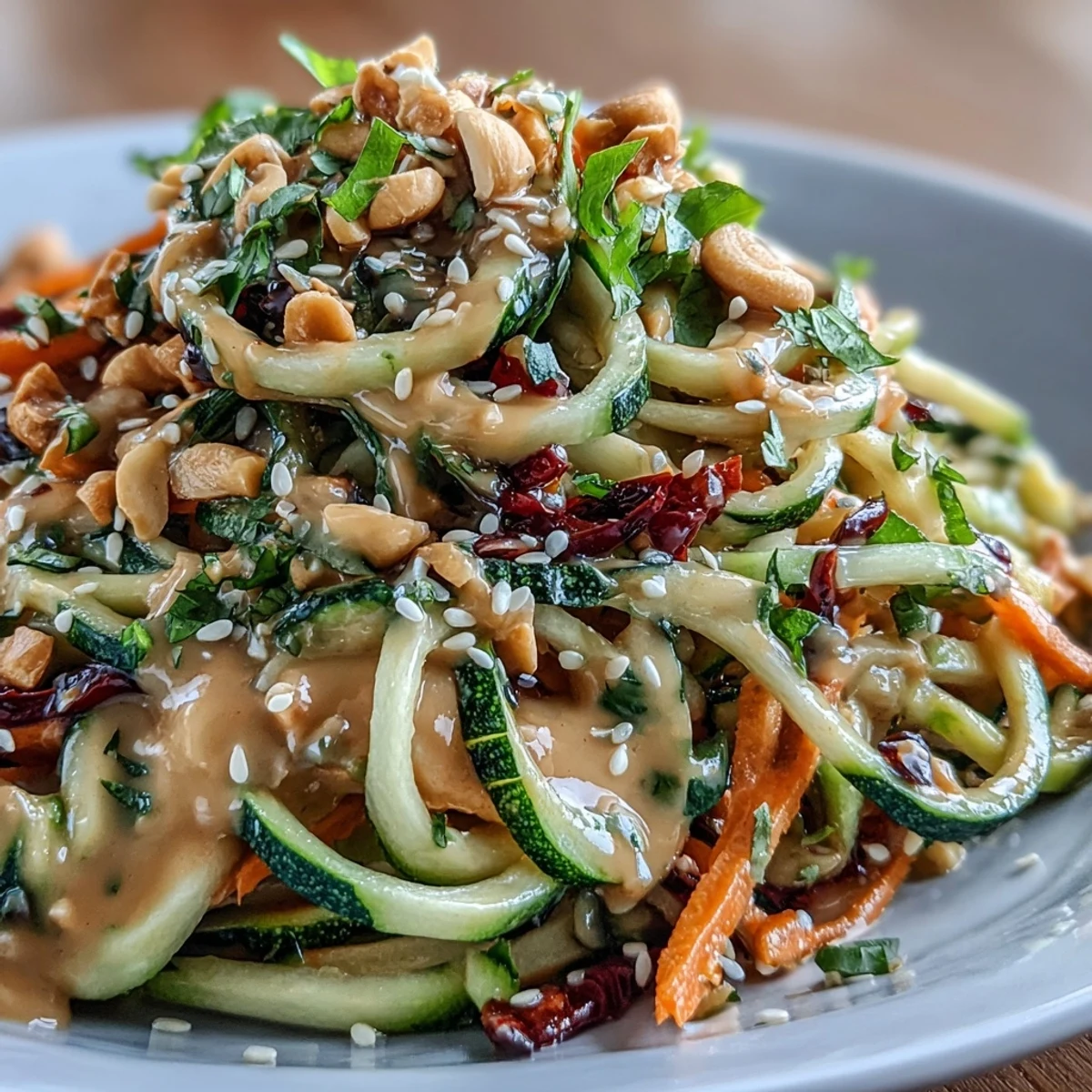 Vibrant vegan Thai peanut zucchini noodle salad with crunchy veggie ribbons tossed in creamy dressing and sprinkled with roasted peanuts.  