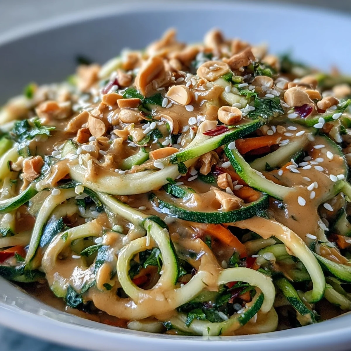Light and refreshing Thai-inspired zucchini noodle salad with crisp veggie ribbons, creamy peanut dressing, and a sprinkle of herbs and nuts.