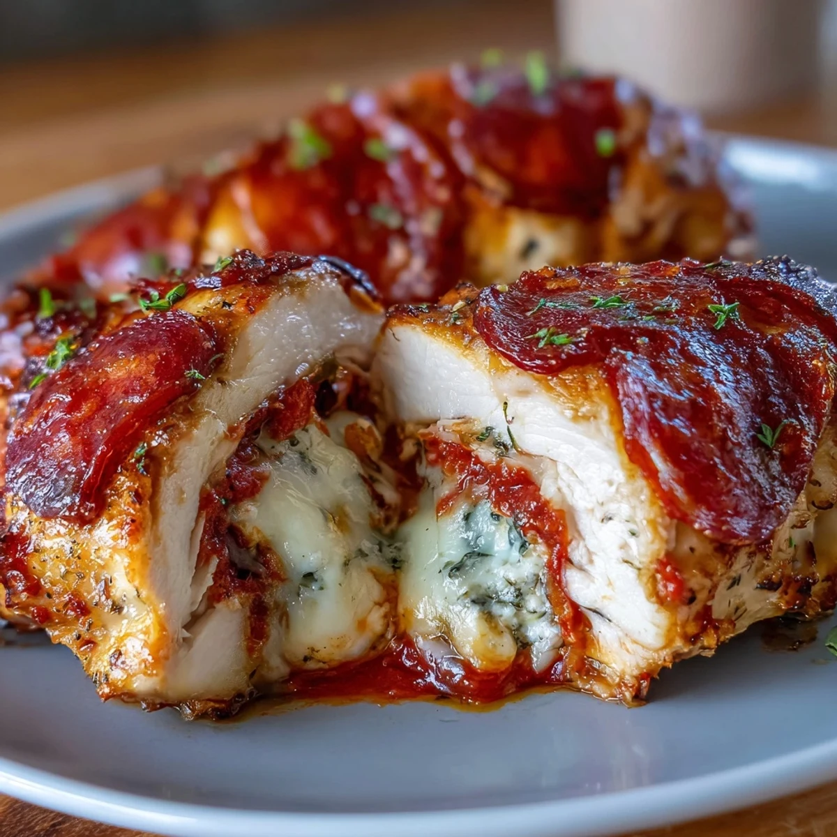 5-Ingredient Keto Pizza-Stuffed Chicken Breasts sizzling in a skillet, oozing with melted mozzarella and pepperoni slices.  