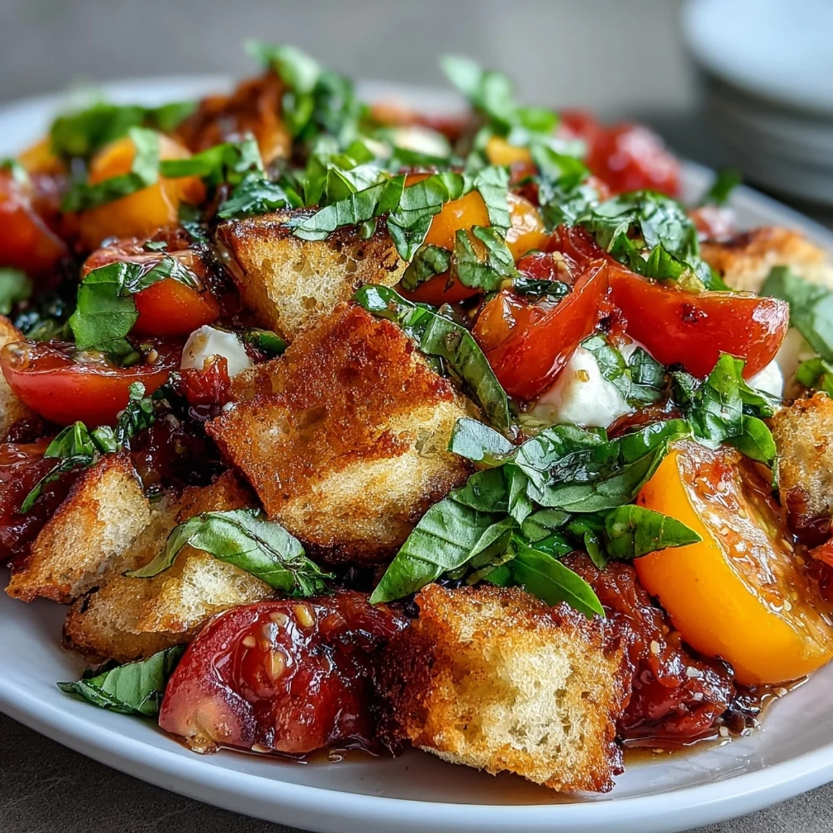 Vibrant sourdough panzanella salad with heirloom tomatoes, crunchy croutons, and fragrant basil vinaigrette, perfect for summer dining.  