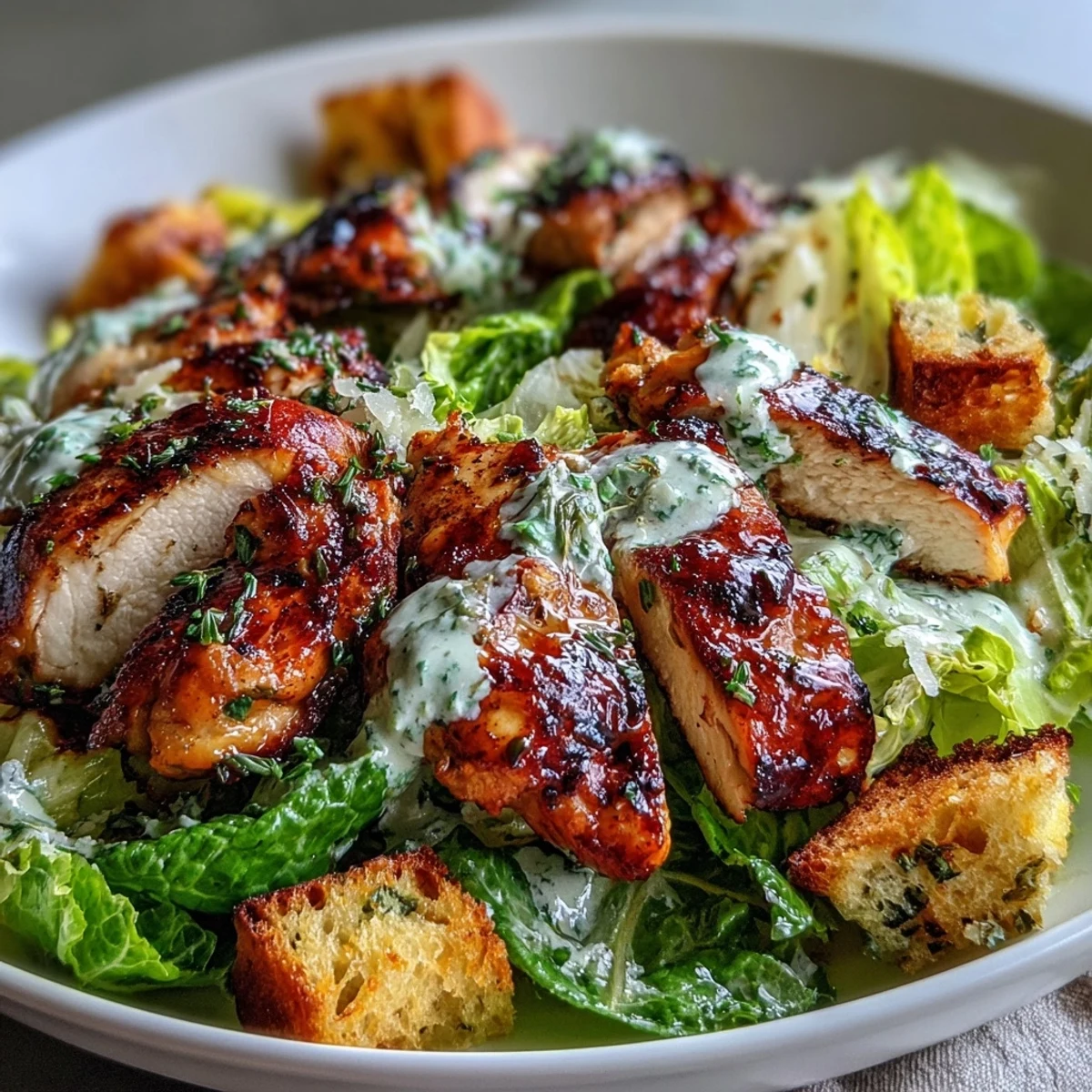 Fresh grilled chicken Caesar salad topped with crunchy homemade sourdough croutons and creamy Greek yogurt dressing, perfect for a light yet protein-rich dinner.