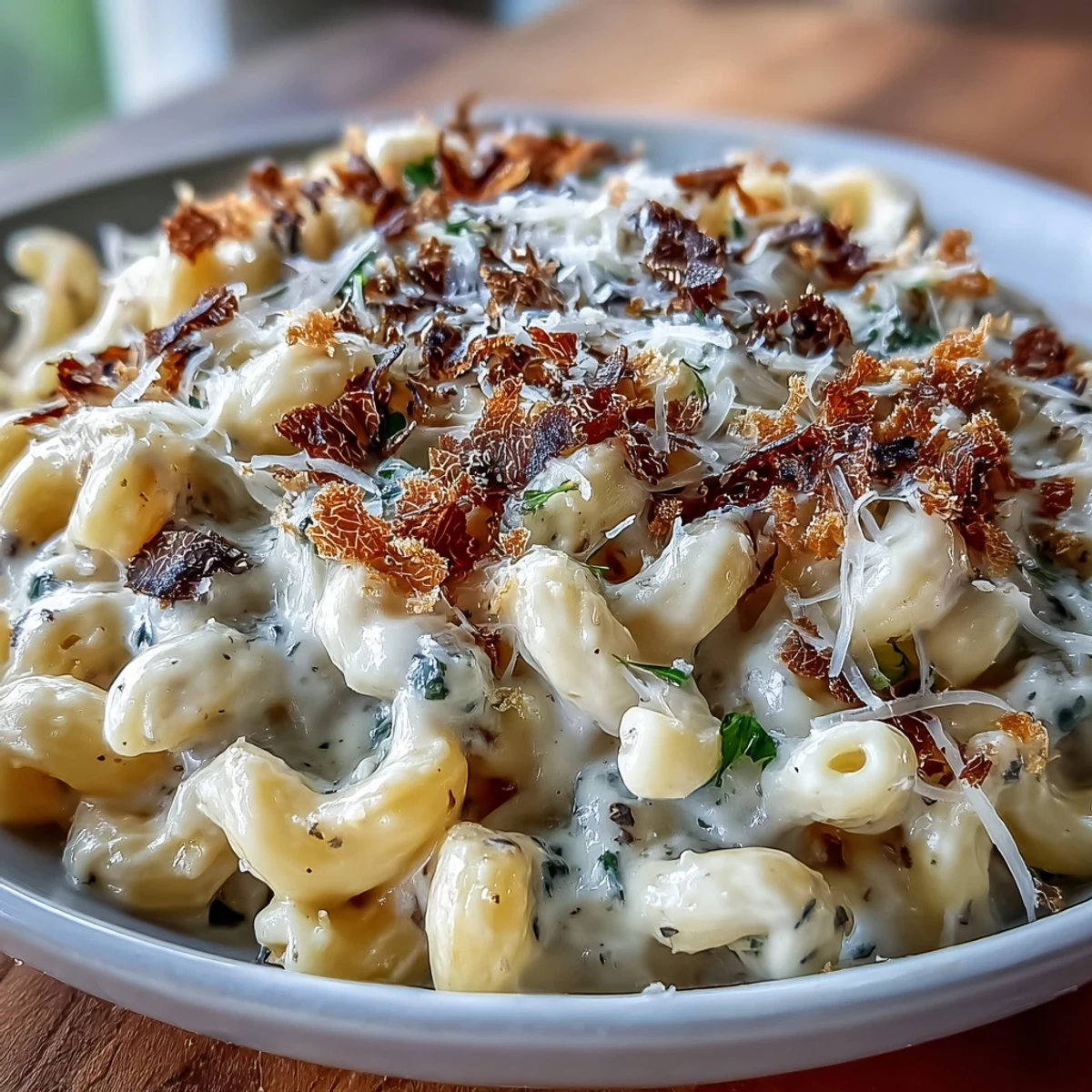 Decadent truffle mac and cheese with rich cheese sauce, finished with truffle oil and fresh black truffle shavings for an elevated classic.