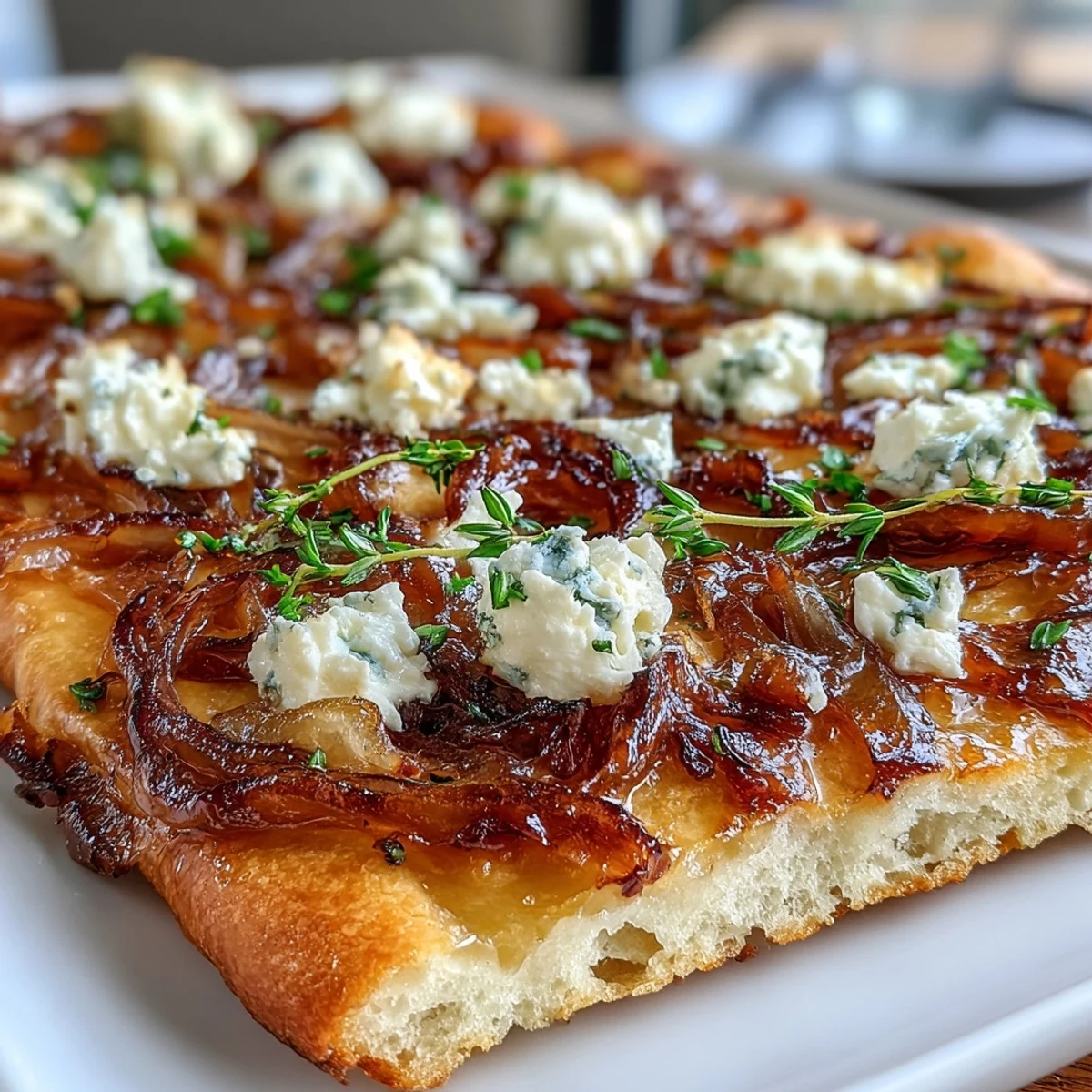 Savory vegetarian flatbread featuring golden caramelized onions, creamy goat cheese, and fresh thyme, perfect for sharing or as a main dish.