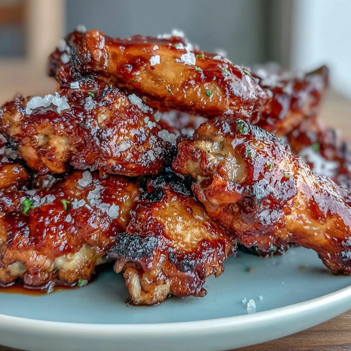 Golden baked wings glazed with a rich honey-sriracha sauce, topped with flaky sea salt for a crunchy, flavorful bite.