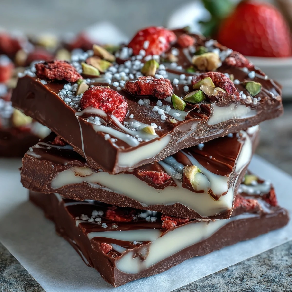 A festive Valentine chocolate bark with swirls of dark and white chocolate, topped with freeze-dried strawberries and colorful sprinkles.