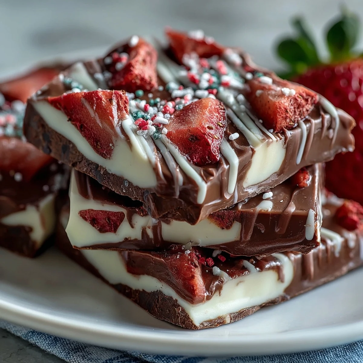 Decadent chocolate bark studded with vibrant freeze-dried strawberries and Valentine sprinkles, perfect for sharing on Valentine's Day.