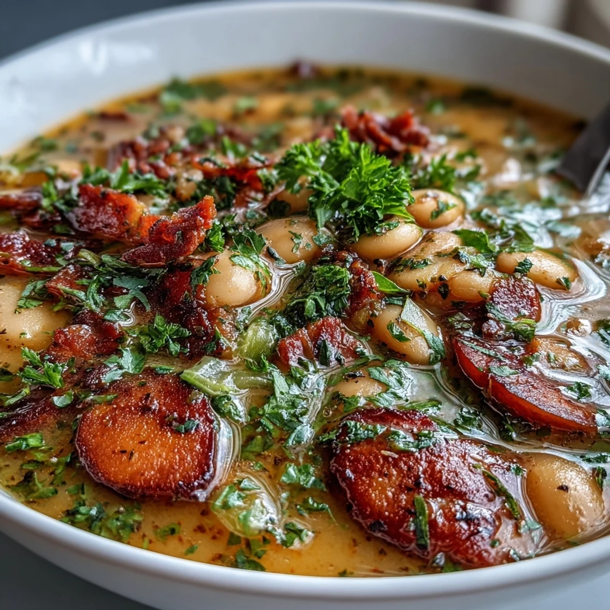 Creamy Southern-style Ham and Butter Bean Soup served with crusty bread and a sprinkle of chives.  