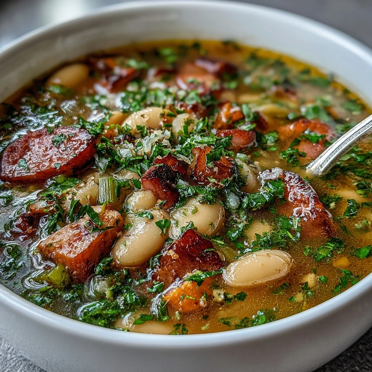 Rich Ham and Butter Bean Soup with butter beans, smoked ham, and fresh herbs in a comforting broth.