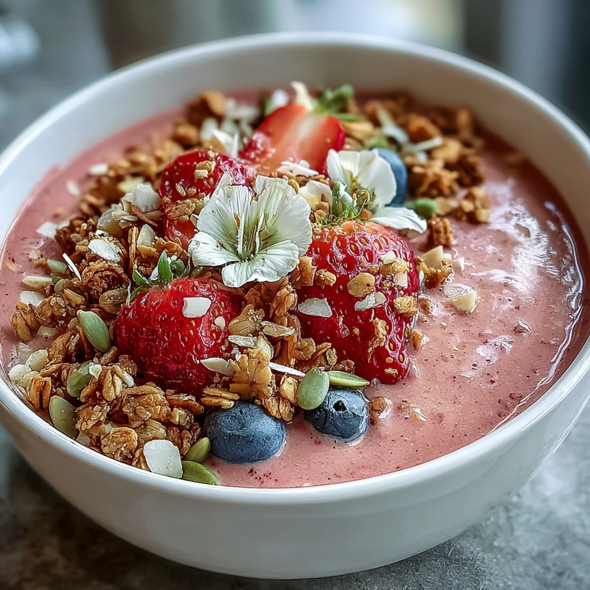 A vibrant strawberry smoothie bowl topped with crunchy granola and fresh fruit, perfect for a festive Galentine's brunch.
