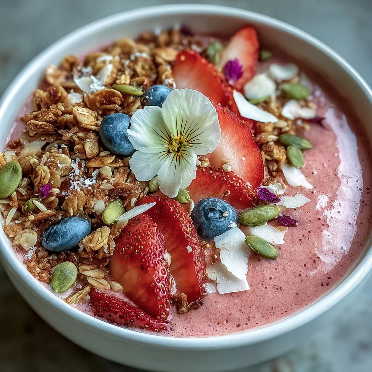 Refreshing strawberry smoothie bowl layered with fresh berries, crunchy granola, and seeds, ideal for a healthy Galentine's celebration.