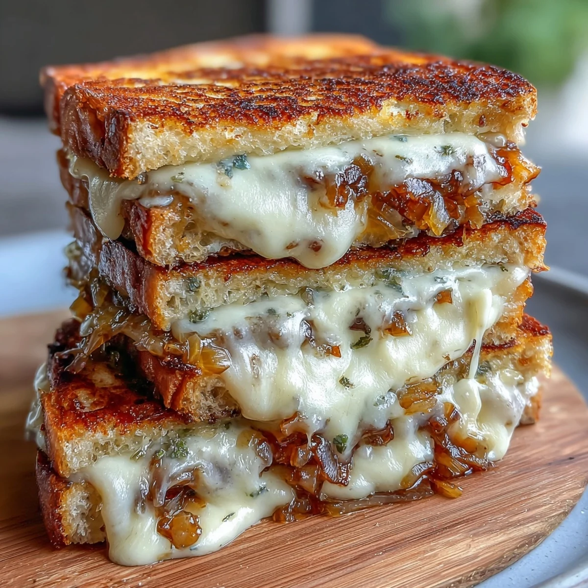Irresistible sourdough grilled cheese loaded with caramelized onions and creamy Gruyere, perfect for a comforting vegetarian meal.