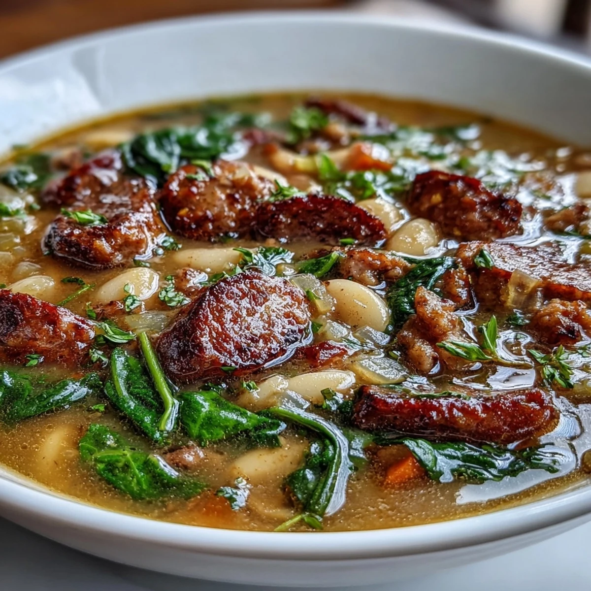 Rustic Italian sausage and cannellini bean soup simmered with fresh vegetables and herbs, topped with Parmesan and parsley for extra flavor.