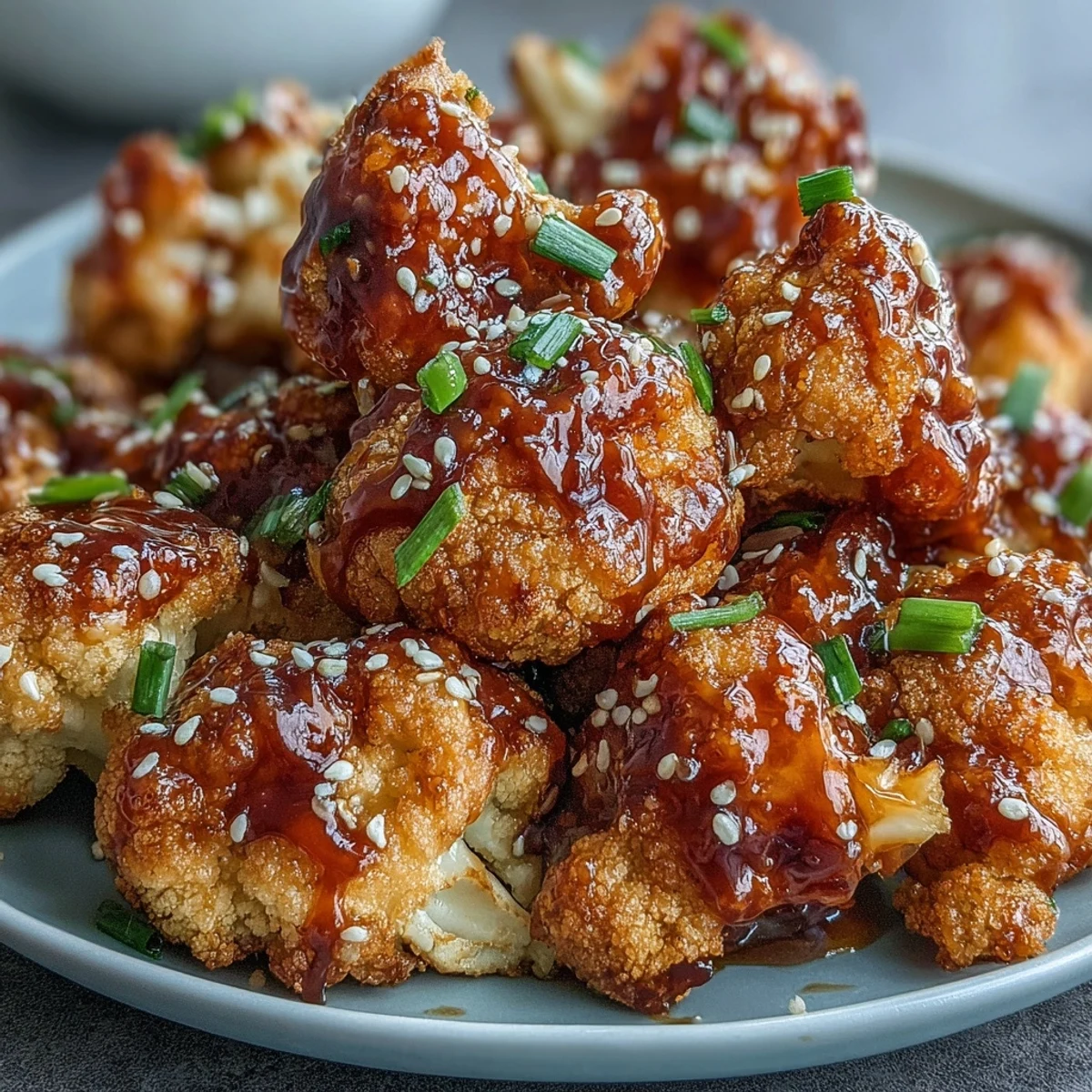 Crispy air fryer General Tso's cauliflower florets coated in a sweet, spicy, and tangy Asian-inspired sauce, garnished with sesame seeds and scallions.