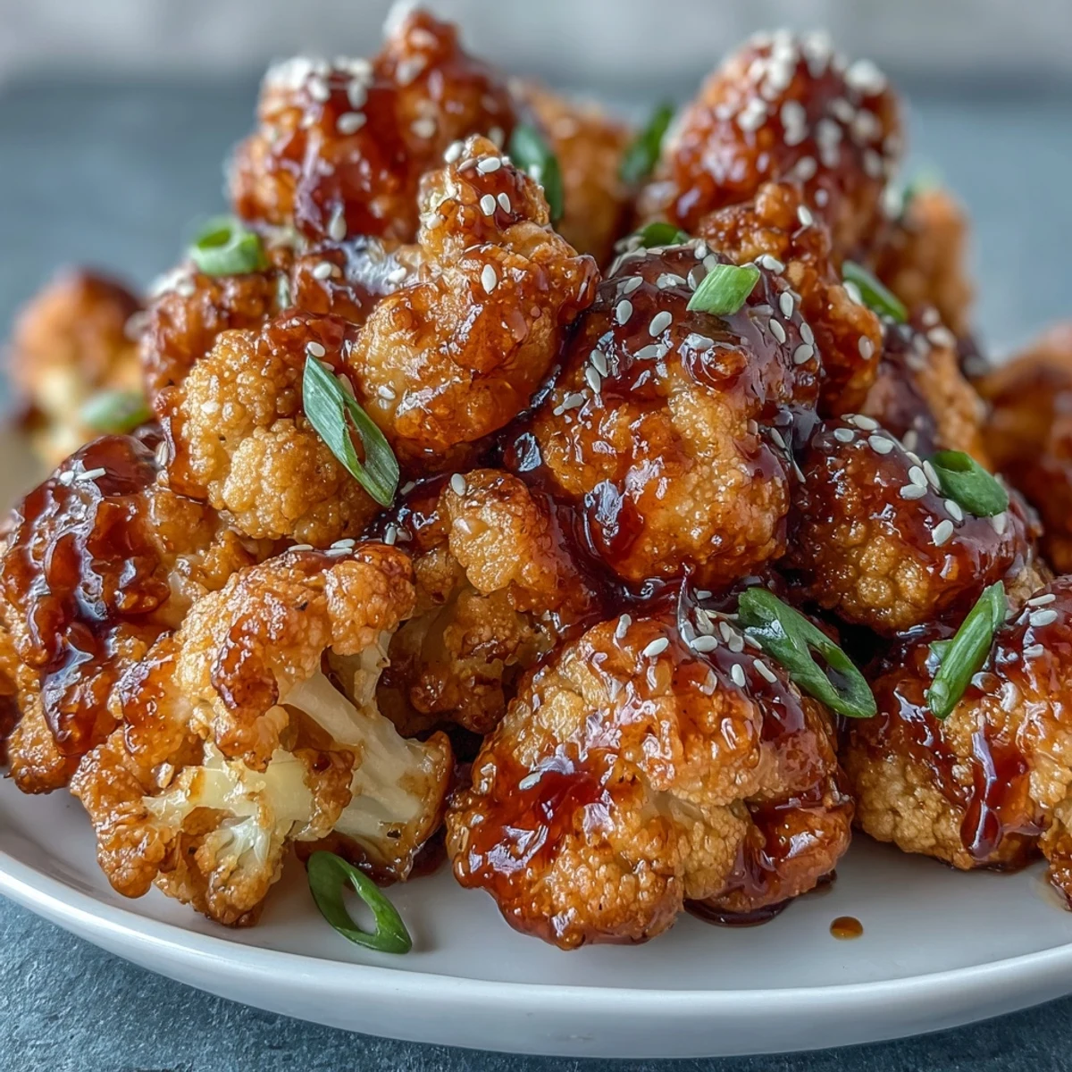 Golden-brown battered cauliflower bites tossed in rich General Tso's sauce, served as a flavorful vegetarian appetizer or main dish.