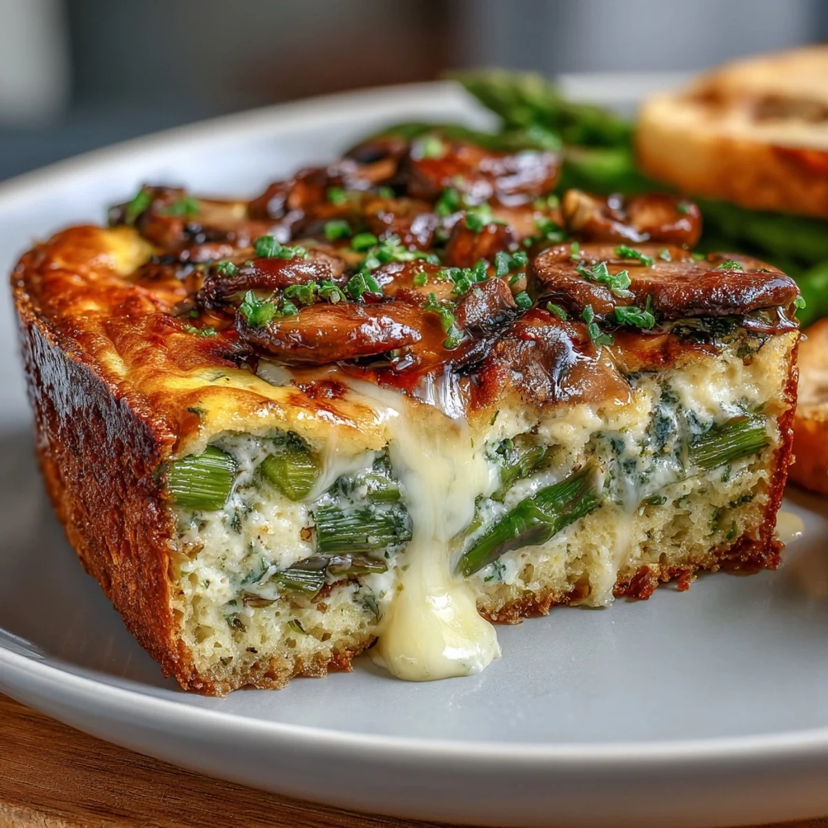 Slices of rustic sourdough crust topped with a fluffy egg mixture, tender asparagus, and earthy mushrooms, baked until golden and aromatic.  