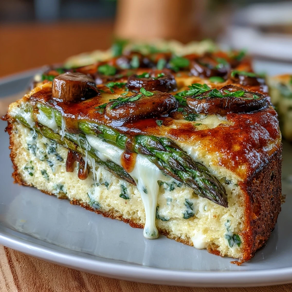 A savory vegetarian frittata featuring crisp sourdough crust, seasonal asparagus, sautéed mushrooms, and creamy Gruyère, ideal for spring gatherings.