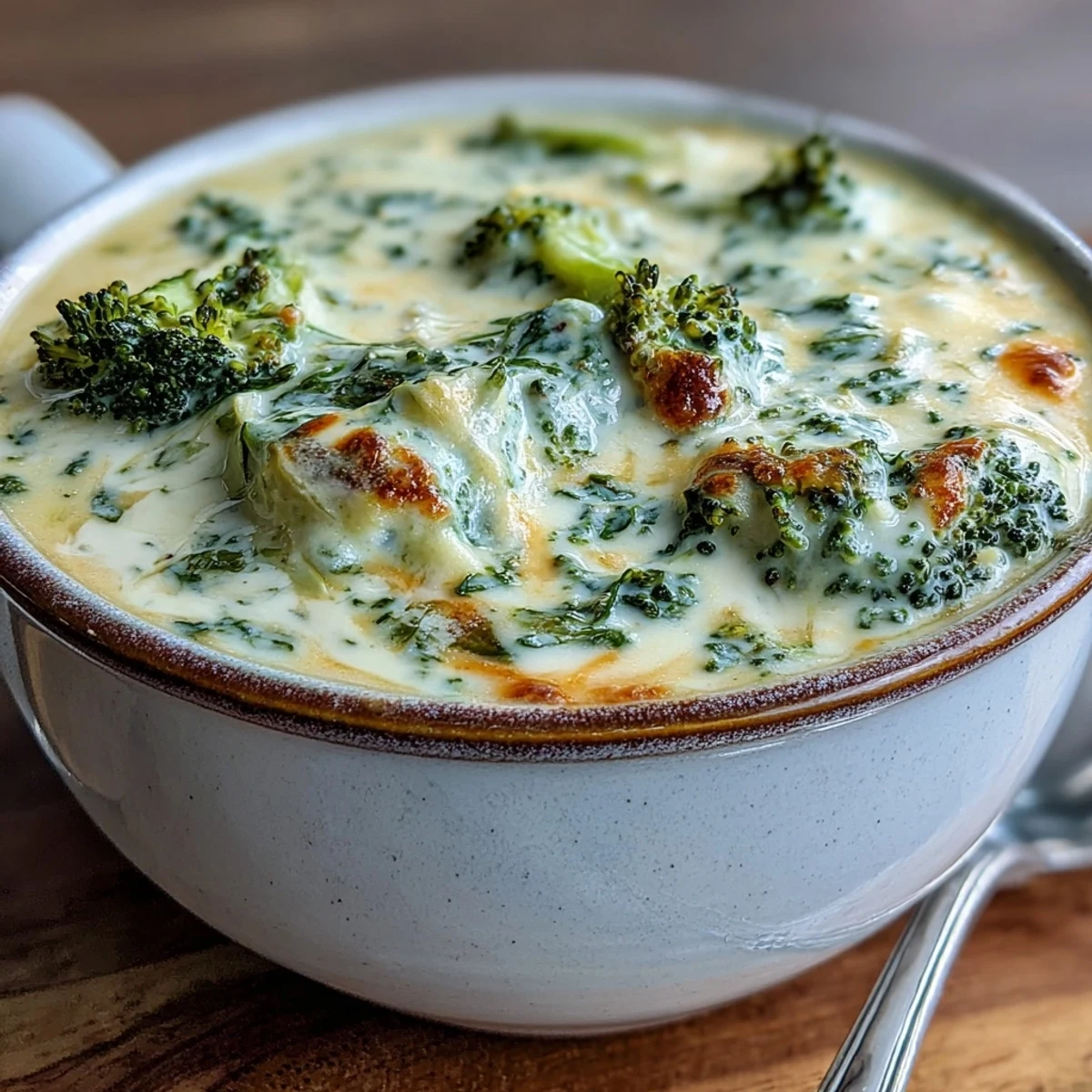 Creamy Broccoli Cheddar Soup Lightened with Greek Yogurt, featuring tender broccoli florets in a velvety cheddar base.